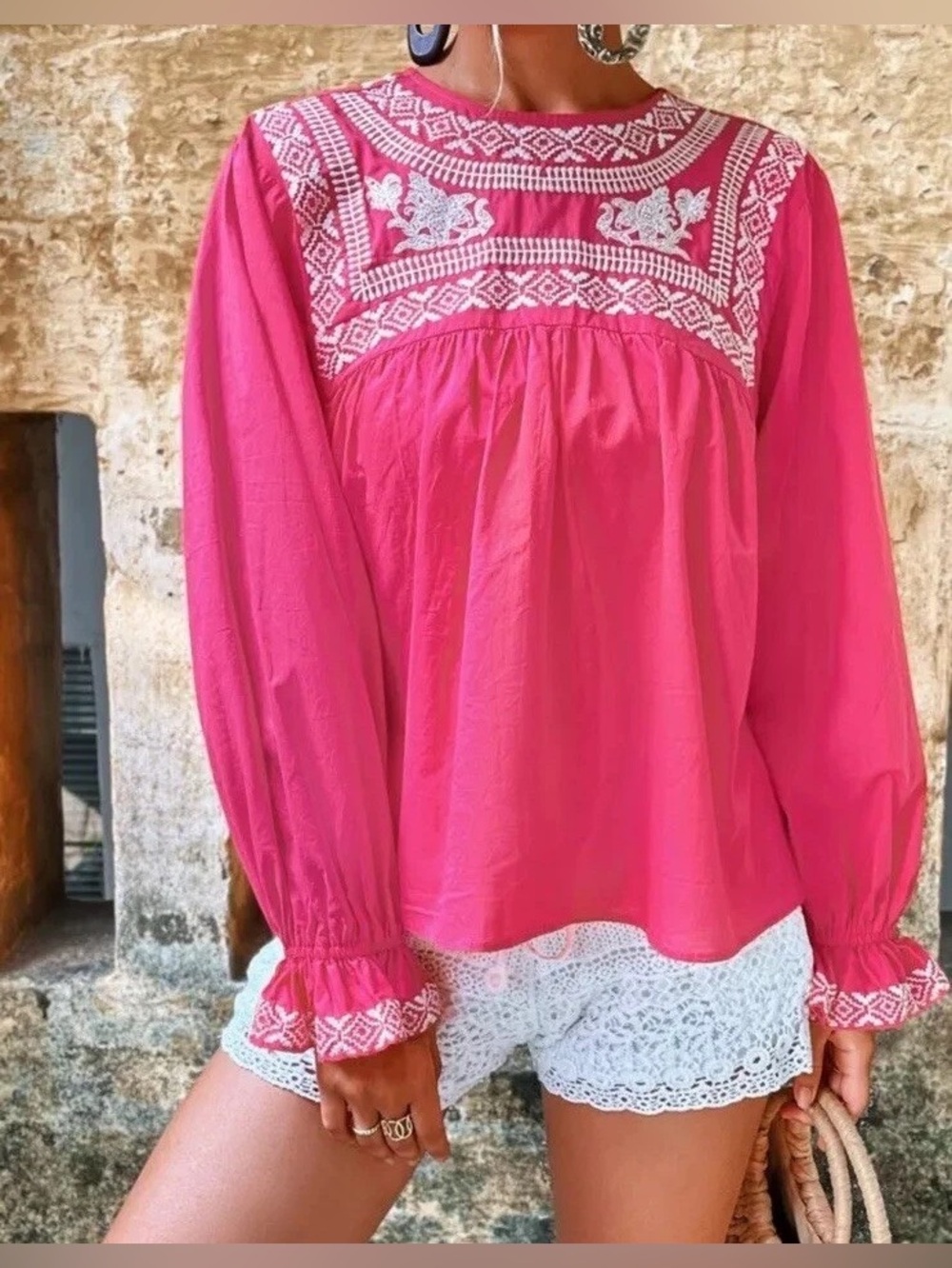 ZARA Fuchsia Pink Embroidered Cotton Babydoll Peasant Blouse Size XS
